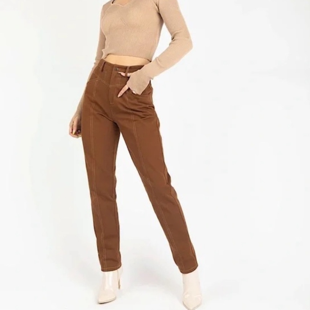 Kittenish Contrast Stitch Brown Cotton Twill Boho Western Pants Size Medium